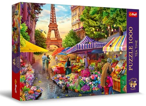 Trefl Tea Time 1000 Piece Jigsaw Puzzle – Flower Market Paris – Premium Quality Puzzle Pieces with Poster – 68.3cm x 48cm – Eiffel Tower & Flower Stall Scene – 1000 Piece Jigsaw Puzzles for Adults