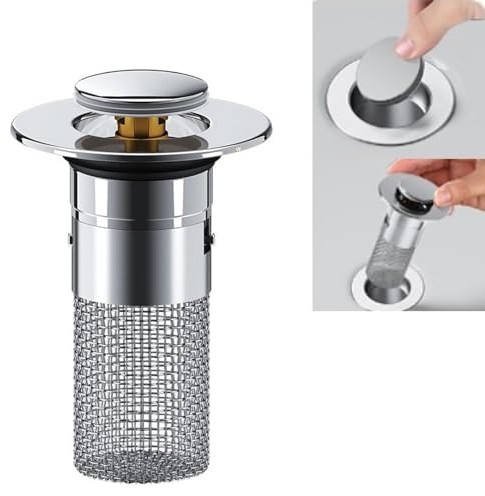 Bouchon De Lavabo INOX Bouchon De Baignoire avec Crépine Anti-Bloqué Bouchon De Vidange pour évier avec Passoire à Cheveux Filtre Anti-Clogging pour Lavabo Baignoire Cuisine Bain (1 pièce)