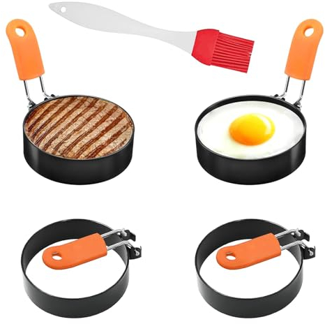 Fried Egg Ring, 4 Pcs Non Stick Stainless Steel Round Egg Ring Moulds for Frying Pan with Heat-Resistant Anti-Scald Folding Handle,Silicone Egg Rings for Frying