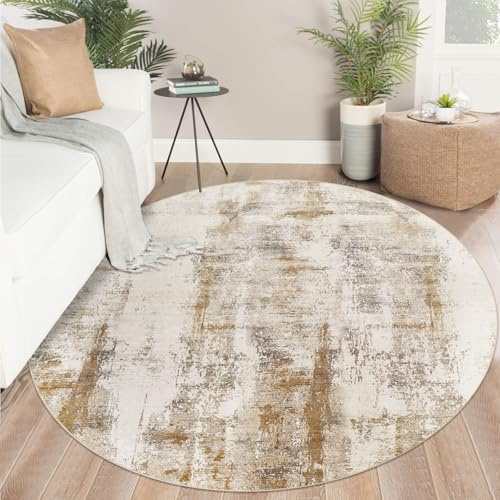 Famibay Teppiche Wohnzimmer Rund 150cm Modern Abstrakt Beige Braun Waschbar Runde Bereichsteppiche Schlafzimmer Teppich Rund Kurzflor 5mm Dünn Rutschfest für Esszimmer Kinderzimmer Flur
