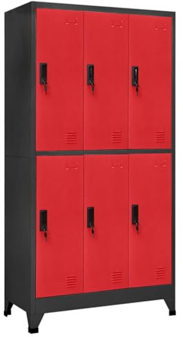 IKAYAA Spind Schrank Schließfachschrank mit 6 Fächern Metallspind Abschließbar Umkleideschrank Lagerschrank Spind Metallschrank Wertfachschrank Schließfach Stahl Anthrazit und Rot