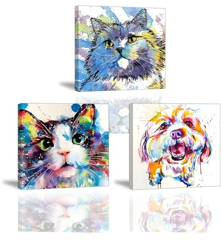 Piy Painting Impresión En Lienzo De Animales, Cuadro En Lienzo De Colores, Impresiones De Lienzo De Perro y Gato, Lienzo Minimalista Para Dormitorio Salón Aula Baño, 3x 30x30 cm/90x30 cm