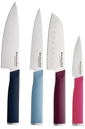 KitchenAid 4-Piece Chef Knife Set with Blade Covers, 6-Inch Chef Knife, 5-Inch Santoku, 5.5-Inch Serrated Utility, 3.5-Inch Paring Japanese Steel, Assorted Colors