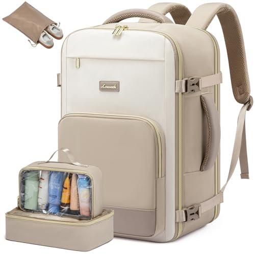 LOVEVOOK Handgepäck Rucksack, 17.3 Zoll Rucksack Handgepäck Flugzeug, Groß Reiserucksack Damen Spritzwasserfest, 40L Travel Backpack für Reise und Business, Urlaub Must Haves - Khaki Beige