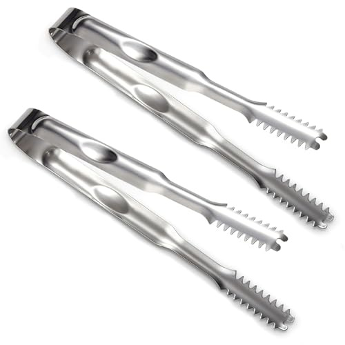 2 PCS Stainless Steel Ice Tongs 7-Inch – Silver Metal Ice Cube Tongs with Teeth for Secure Grip – Durable Bar Tongs for Kitchen, Buffet, Tea Party, BBQ, Ice Bucket, Sugar, Salad