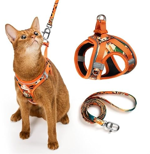 Cat Harness and Leash Set, Step-in Escape Proof Adjustable Vest Harness for Small Medium Large Cats, Lightweight Soft Breathable Reflective Kitten Harness, Easy to Wear for Walking Travel, Camping, L