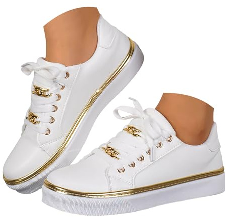 Xbemkste sneakers dam halvskor med kedja bekväma platta skor fritidsskor dam sneakers låga topp sommarskor lätta promenadskor snörning sportskor, Vit, 40 EU
