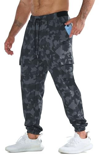 BROKIG Mens SoftArmor Gym Joggers, Camo Workout Trousers Cargo Pocket, Casual Running Tracksuit Bottoms with 4 Pockets(Large,Camo Black)