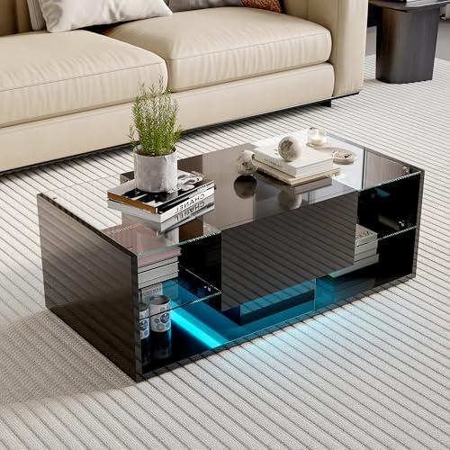 MASAJIA Mesa baja LED, mesa baja con 1 cajón y espacio de almacenamiento abierto, mesas de café rectangular de cristal, alto brillo moderno, para sala de estar, oficina, dormitorio (negro-B)