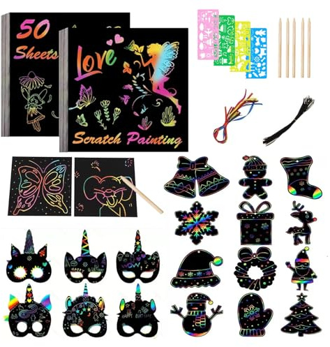 Set Scratch Art per Bambini, Grattare con Tema Natale e Maschera di Unicorno Colorato con Motivo Scratch Art, per Graffiti Fatti a Mano, Decorazioni, Set di immagini grattacieli (stile Holiday)
