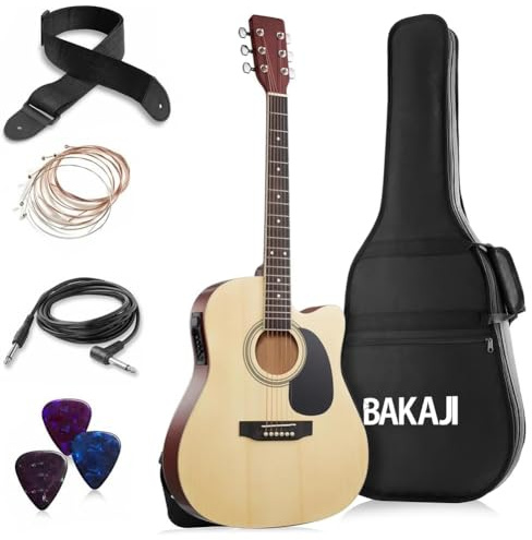 BAKAJI Guitarra electroacústica de 41 pulgadas con funda, kit de repuesto de cuerdas, púas, cable para amplificador y correa, guitarra folk con forma de cutaway para adultos y principiantes (natural)