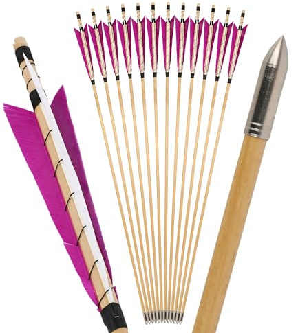 Poearcus Flecha de Madera para Tiro con Arco con Pluma de Pavo de 6 Inch y Punta de Tiro de 32 Inch para prácticas de Tiro al Blanco (6, Rojo Rosa)