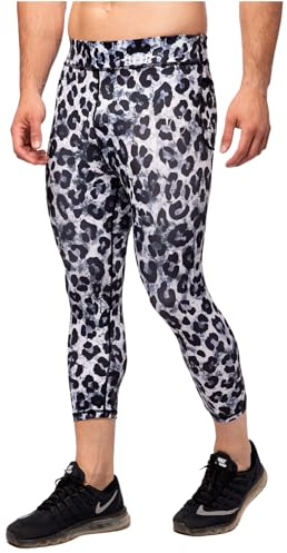 Kapow Meggings Men's Performance 3/4 Leggings Sports Compression with Pockets (Snow Leopard, Large)