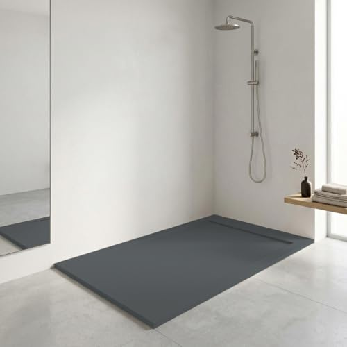 Plato de ducha resina FLOW desagüe lineal frontal color Antracita 120x80 textura pizarra antideslizante rejilla inox con válvula