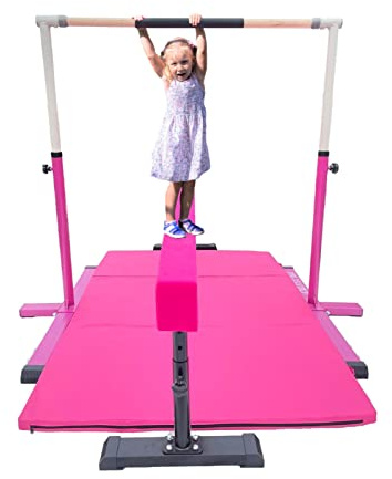 XDance Gymnastics Bar Kip Bar for Kids 3 in 1 Set with Adjustable Balance Tube, 6'x4' Tumble Mat, Expandable Height 3 to 5 FT Horizontal Bar Junior Gymnast Gymnastic Bar Asymmetric Bar Pink