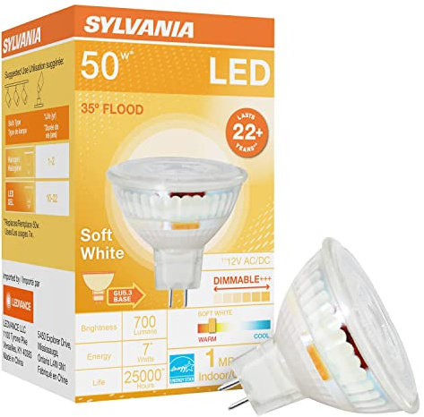 Sylvania LED Flood MR16 Light Bulb, 50W Equivalent, 7W Efficient, GU5.3 Bi-Pin Base, 35 Degree Angle, Dimmable, 2700K, Soft White - 1 Pack (41376)