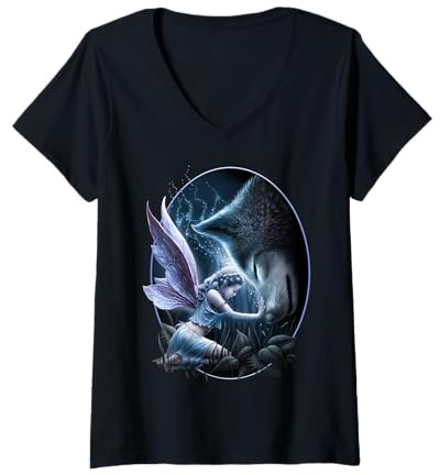 Femme Spiral Original – Sacred Bond – Fée et loup T-Shirt avec Col en V