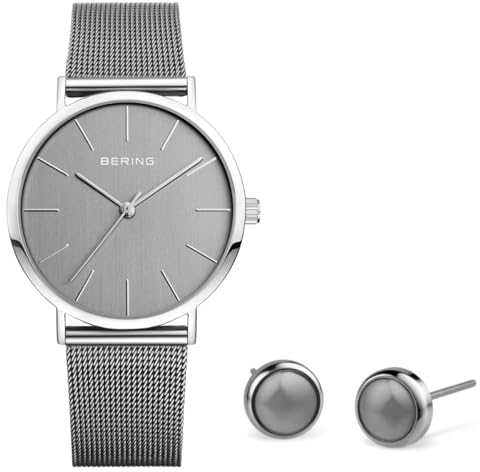 BERING Damen Set mit einer Analog Quarz Armbanduhr aus der Classic Collection und Ohrringen in Edelstahl mit grauem Keramik-Element 13436-309-GWP