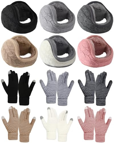 Riyiper 12 Pcs Winter Knit Earmuffs and Gloves Set, Foldable Fuzzy Fleece Lined Ear Warmer Adjustable Earmuffs Warm Touch Screen Gloves for Outdoor Women and Men Unisex