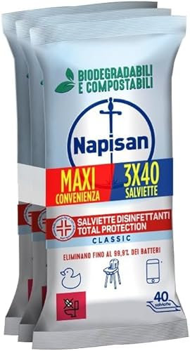 Napisan Salviette Tripacco Disinfettanti Total Protectio, Confezione da 120 Salviette Disinfettanti Biodegradabili e Compostabili Multisuperfici