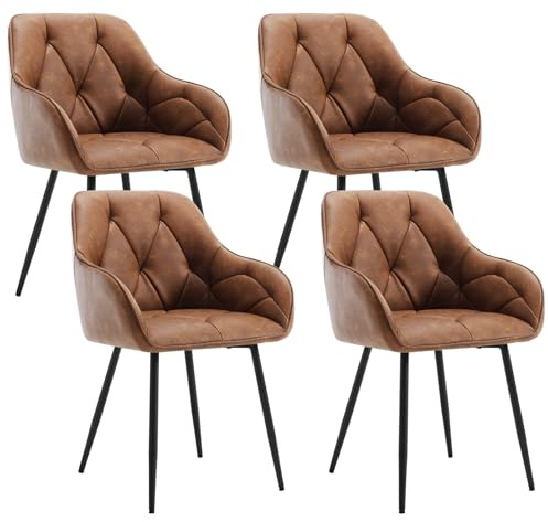 WOLTU Esszimmerstühle 4er Set, für Esszimmer Wohnzimmer, ergonomische Küchenstühle gepolstert mit Armlehnen, Metallbeinen, Sitzfläche aus Vintage-Kunstleder,Braun