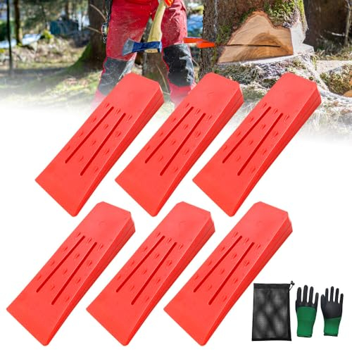 TGKYK Coin pour Fendre Le Bois, 6 Pièces Coin Abattage avec Gants, Sacs en Maille, Robuste et Durable ABS Cale Plastique, 6 Pouces Cale Plastique, Coin Eclateur Bois, Coin D'abattage Set (Rouge