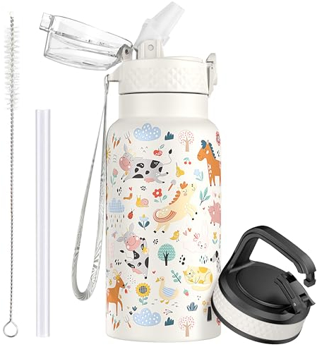 OLDLEY 500ml/17oz Kids Stainless Steel Insulated Water Bottle with Straw Double Wall Metal Vacuum Leakproof Reusable Small Flask with 2 Different Lids Hot Cold Drinks for Boys Girls Toddler Children