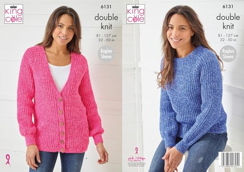 King Cole 6131 Knitting Pattern Womens Raglan Sweater and Jacket in Pricewise Twirly DK