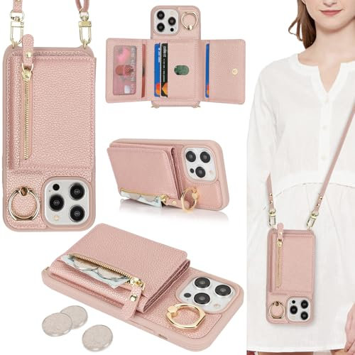 ELTEKER Handyhülle für iPhone 13 Pro Max Hülle mit Band Kartenfach Ringhalterung Geldbörse,Leder Klapphülle Umhängetasche Handytasche für iPhone 13 Pro Max - roségold