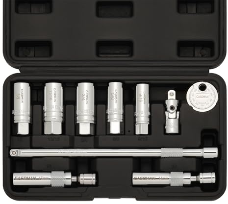 CASOMAN 10PCS 3/8Drive Magnetic Spark Plug Socket Set, 6PT&12PT, Include Extension Bar, Universal Joint & Spark Plug Gapper, CR-V Steel