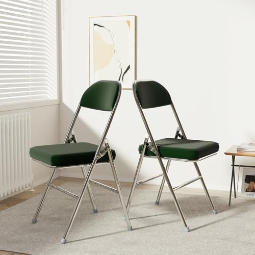 Chleby 2er Set Bequemer Klappstuhl Küche aus Leder Klappstühle Besucherstuhl mit Dickes Kissen Klappbare Esszimmerstühle sind geeignet für Küche, drinnen, draußen, Konferenzraum Grün