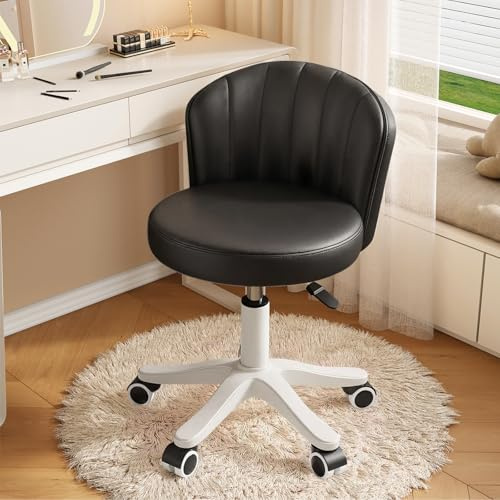 WXJHL Small Round Rolling Desk Chair Armless Comfy Vanity Computer Chair with Low Backrest PU Leather Height Adjustable Swivel Work Spa Chair