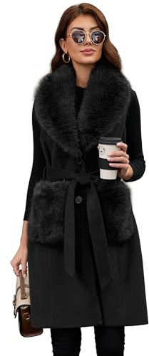 PAPILLON D'OR Women's Long Wool Vest with Belt & Detachable Faux Fur Collar - Classic Button-Up Sleeveless Coat with Faux Fur-Trimmed Pockets