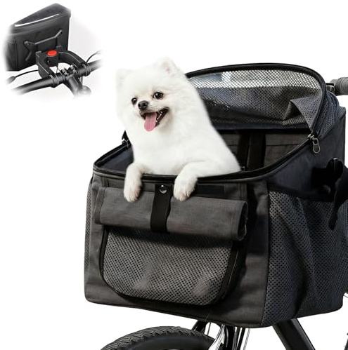 Panier de vélo avant pour chien - 4 en 1 - Jusqu'à 6 kg - Pliable - Extensible - Avec fenêtres en maille et ceinture de sécurité - Sac de voyage pour petits chiens et chats