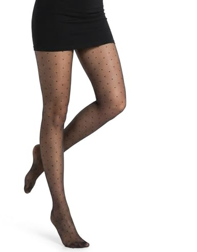 Yolev Polka Dot Tights For Women, 15 Denier Black Patterned Tights | Sheer, Lightweight, Breathable, Nylon Spandex Stockings, With High Waist, Reinforced Toe