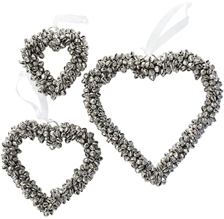 Hänger, Dekohänger 3er-Set in Herz Form mit Glöckchen in silber, Ø ca. 9 cm bis 16 cm