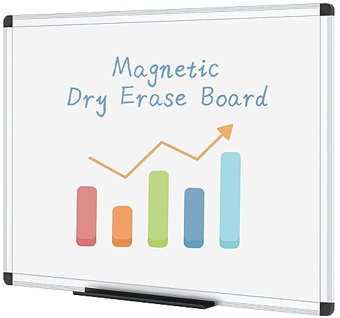 VIZ-PRO Magnetic Whiteboard 110 x 75 cm, Dry Erase White Board with Pen Tray, Silver Aluminium Frame, Dry Wipe Writing Board for Office, Home & School