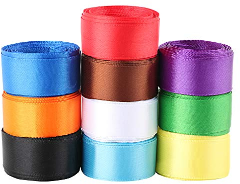 FLOFIA 50m 10 Farbe Satinband 25mm Geschenkband Satin Dekoband Maibaum Bänder Seidenband Geschenk Schleifenband Stoffband für Hochzeit Taufe Geburtstag Rosa Grün Rot Blau Schwarz Weiß Orange Lila