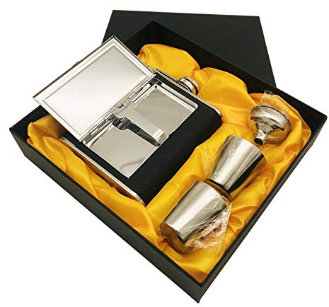 LIANYG Bpa free 5oz whisky Bottle flagon 18/8 Stainless steel alcohol hip flask Mirror Cigarette case HIP FLASK SET WITH GIFT BOX Hip Flask (Color : SET OF BLACK)