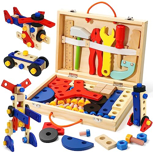 Kids Tool Set,Wooden Toys for 3 Year Old Boys Girls,Montessori Toys with Toy Drill&Tool Box&Apron ,Construction Toys for 2 3 4 Year Old Boys Gifts