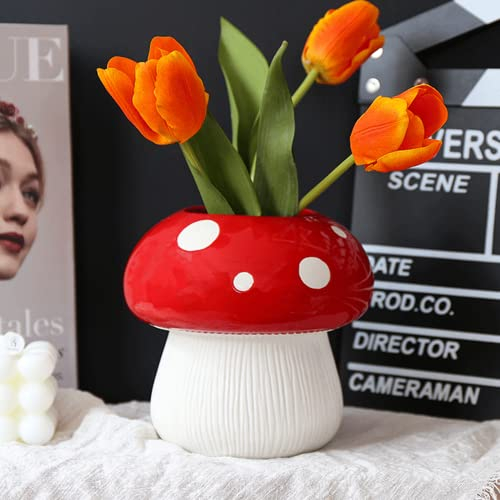 Arawat Pilz Vase Rote Vasen Blumenvase Mushroom Deko Wohnzimmer Modern Vasen Keramik Pilzvase Tischvase für Pampasgras Trockenblumen Tischdeko Tulpenvase Wohnzimmer 15x15x15 cm