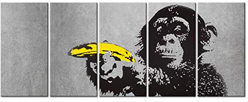 decomonkey - Tableau Acoustique Banksy Singe 150x60 5 Pièces - Impression sur Toile Décoration Maison Isolation Peinture Image Phonique Déco Bureau Bananes banksy graffitis singes animaux urbains