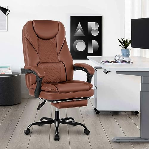Guessky Ergonomischer Bürostuhl, Bürostuhl, drehbar, mit Fußstütze und Kopfstütze, Höhenverstellung, Kunstleder, 300 lbs (braun)