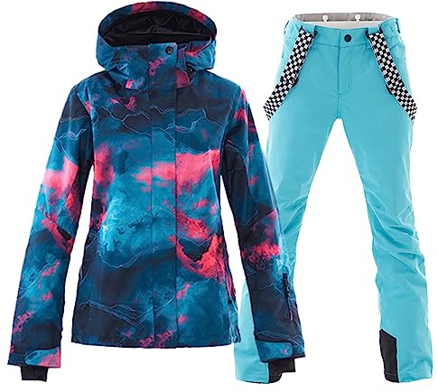 ALSOGO Damen Skianzug Schneeanzug Winddicht Wasserdicht Skifahren Snowboardjacke Trägerhose Set Zum Skifahren Snowboarden Klettern SMNGN+Blue L
