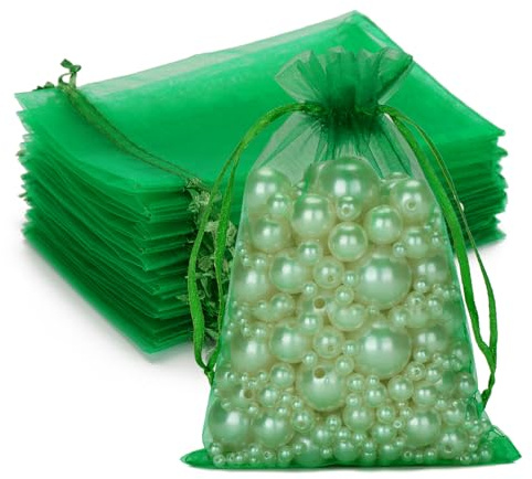 G2PLUS Green Organza Gift Pouches 10x15 cm: Medium Favor Bags, 50 PCS | Wedding Jewelry Bags, Clear Mesh Pouches for Wedding, Christmas, Birthday, Anniversary