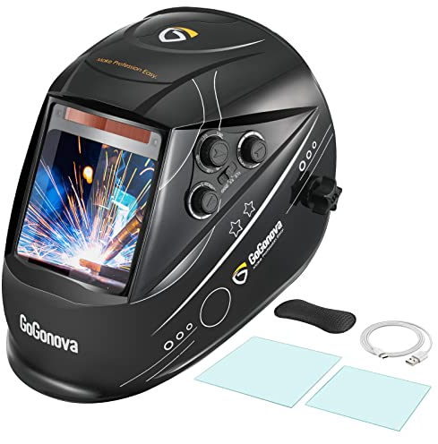 GoGonova Schweißhelm Automatik, Schweißmaske mit Großes Sichtfeld(100x97mm), Breite Schattierung 4/5-9/9-13, 4 Sensoren, Solarstrom, Anpassbarem Empfindlichkeit & Farbton, für MIG, TIG, ARC, Schleifen