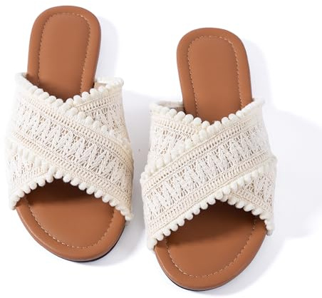 Mtzyoa Women Crisscross Flat Sandals with Pom Pom Trim, Woven Macrame Design, Open Toe Slip On Summer Slides White Size 8