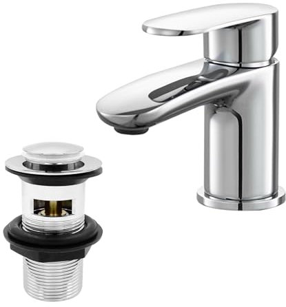 Basin Mixer Tap with Drain, BATHWEST Chromed Brass Bathroom Sink Taps with Waste, Modern Bathroom Taps with Pop Up Waste Middle 492NCR
