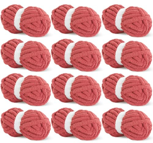 HOMBYS Chunky Red Chenille Yarn for Crochet, Chunky Fluffy Yarn for Knitting, Chunky Yarn for Hand-Knitting 12 Jumbo Pack (24.7 m, 0.2 kg each skein)