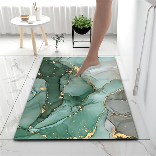 Hixingo Kieselgur Badematte rutschfeste Buntes Marmormuster Badvorleger Absorbierender Badezimmerteppich, Waschbar Schnelltrocknende Bodenmatte für Dusche, Badewannen, Küche (60x90cm,Grün Gold)